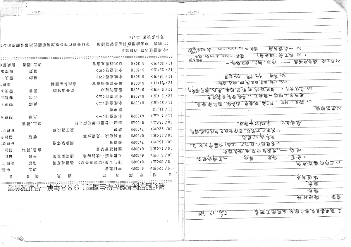 主席同工職章與1988年第一學期聚會表